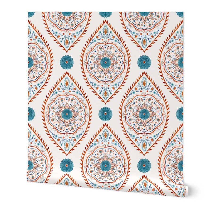 Bohemian behang oranje met blauw