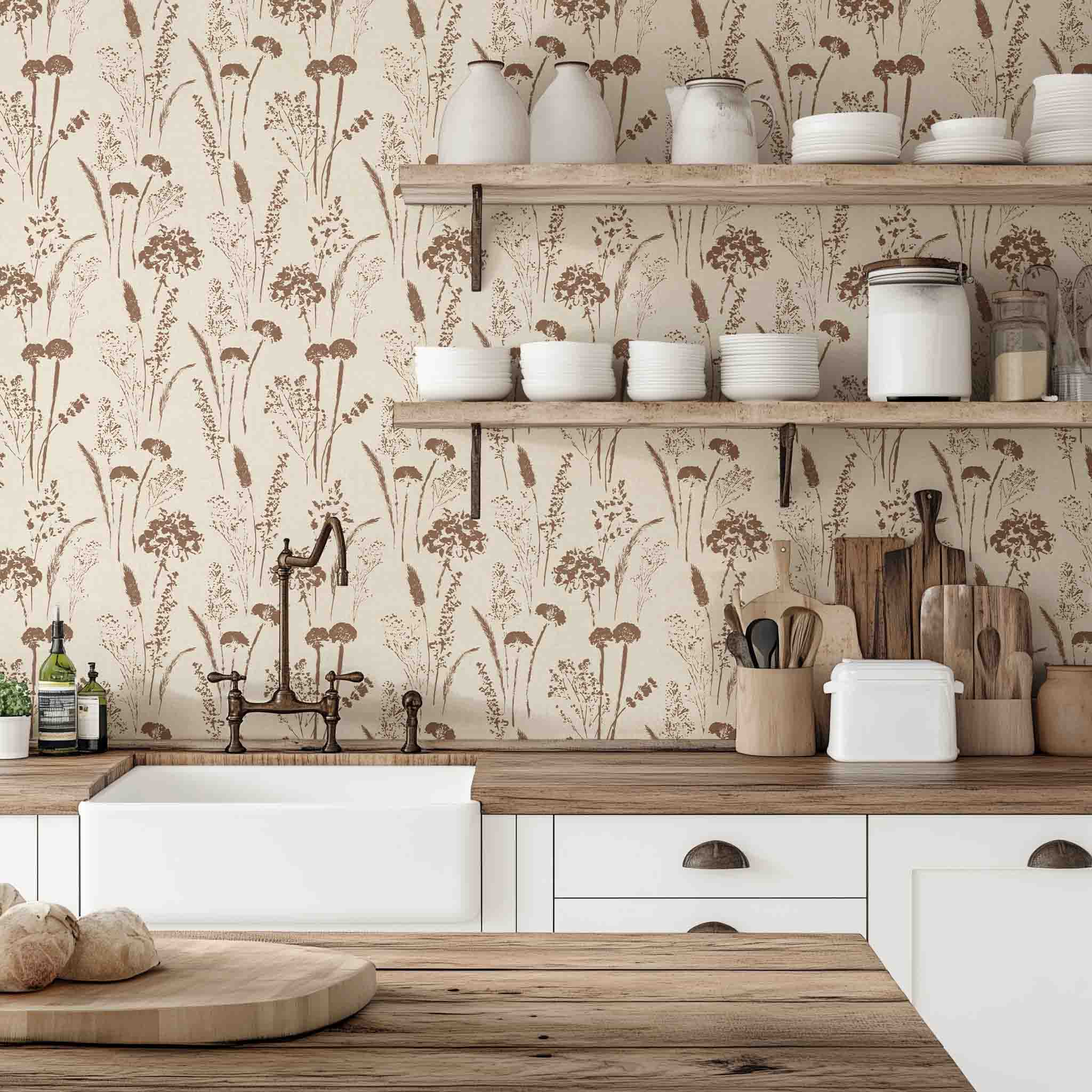 Modern farmhouse kitchen with wildflowers wallpaper