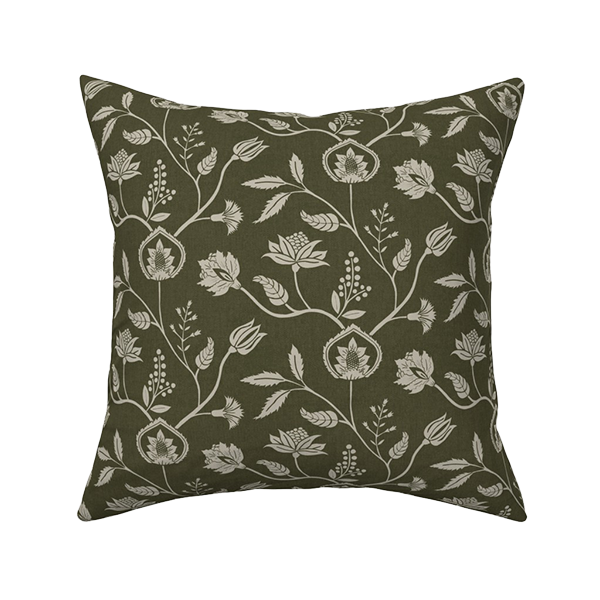 olive-green-block-print-floral-pillow Deep olive green throw pillow with a cream block print floral pattern, styled with a pastoral landscape mural wallpaper.