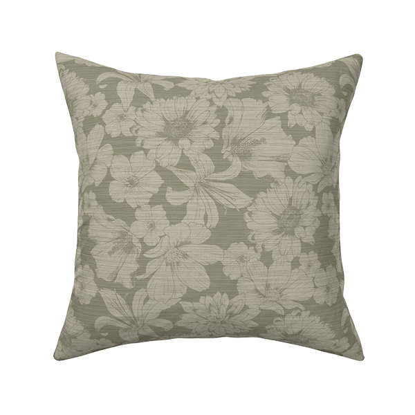 sage-green-floral-throw-pillow Sage green throw pillow with a tonal cream floral print, layered on a cream sofa in front of a scenic mural wallpaper.